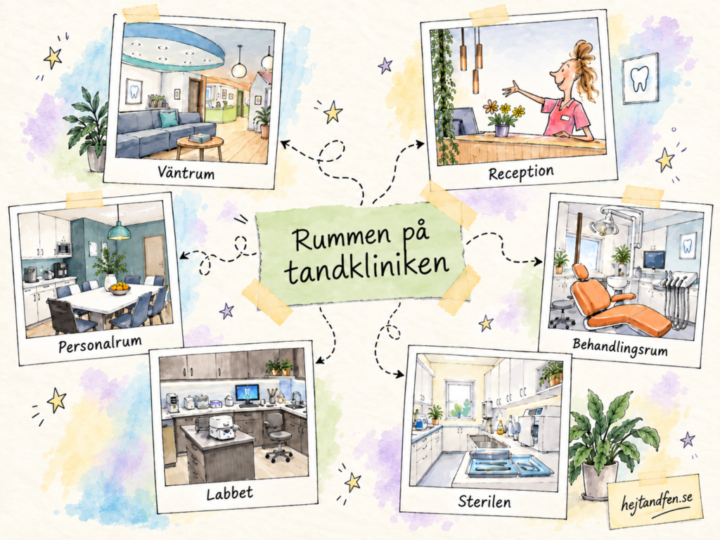 Illustration som visar olika rum på en tandklinik – väntrum, reception, personalrum, behandlingsrum, labb och steril – för dig som undrar vad gör en tandsköterska och var arbetet sker.