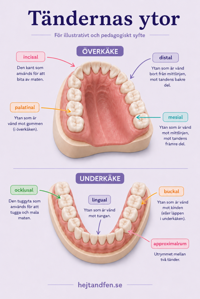Tandanatomi med tandytorna mesial, distal, ocklusal, buckal, lingual, palatinal och incisal
