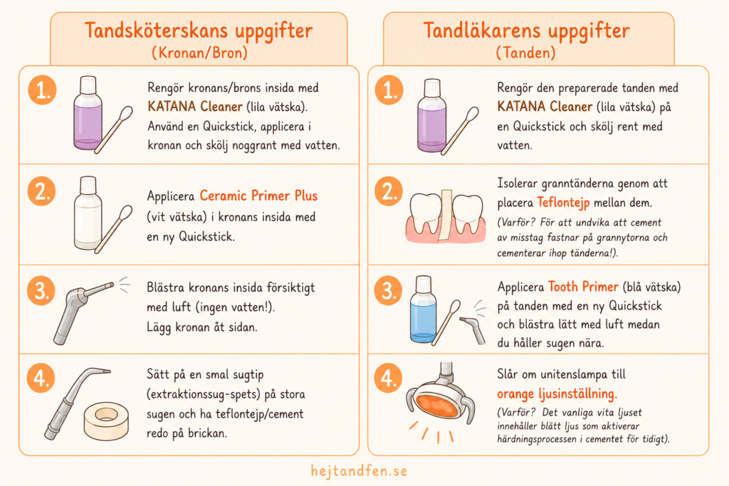 Cementering av krona steg för steg för tandsköterskor - lathund som visar tandsköterskans och tandläkarens uppgifter vid cementering.
