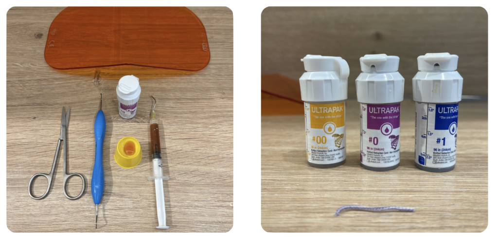 Gingival retraktion vid kronpreparation för tandsköterskor – retraktionstråd, trådpackare, sax och material inför retraktion.