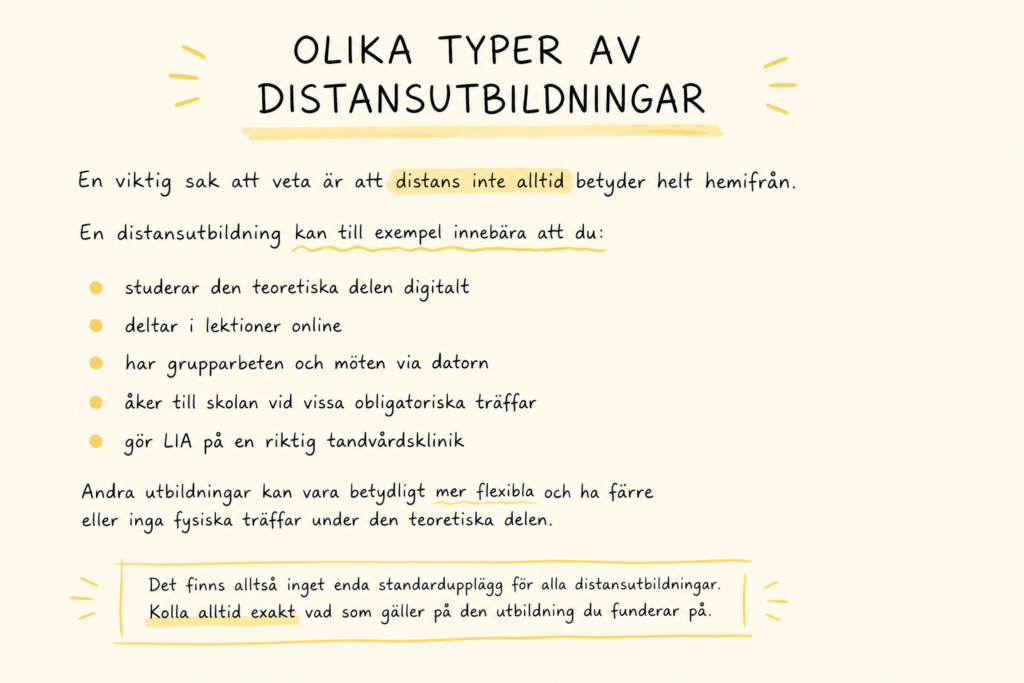 Olika typer av distansutbildningar för blivande tandsköterskor på distans.