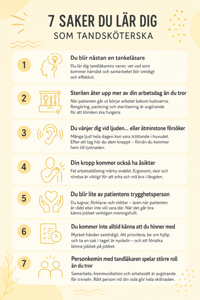 Infografik med 7 saker att veta innan man blir tandsköterska: teamwork med tandläkaren, sterilarbete, ljud och sinnesintryck, ergonomi, patientbemötande, stress och personkemi.