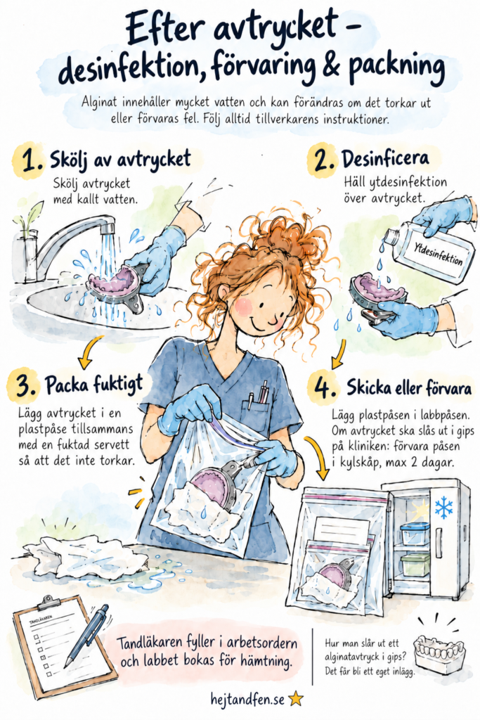 Illustration som visar hur ett alginatavtryck sköljs, desinficeras och packas i plastpåse med fuktad servett före transport eller förvaring.