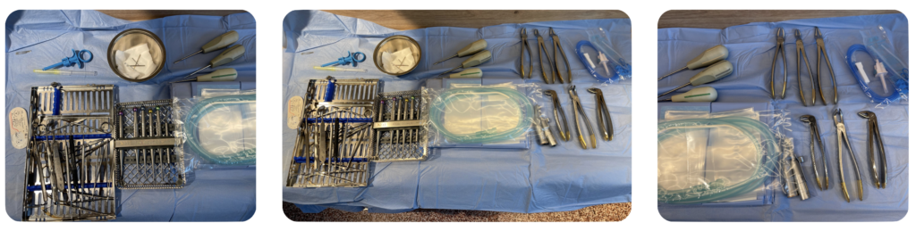 Tre bilder som visar en översikt av sterila instrument, extraktionstänger, sugslangar och övrigt material uppdukat på en blå steril duk inför tandkirurgisk behandling.