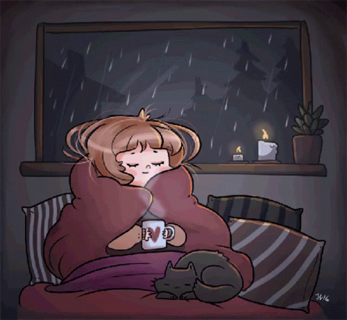 Illustration om livet som tandsköterska - en lugn stund under en filt medan regnet faller utanför.