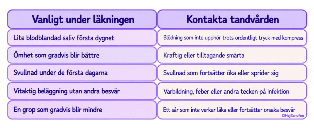 Hur ska hålet se ut efter tandutdragning? Illustrerad tabell som visar vad som är vanligt under läkningen och vilka symtom som betyder att du bör kontakta tandvården.